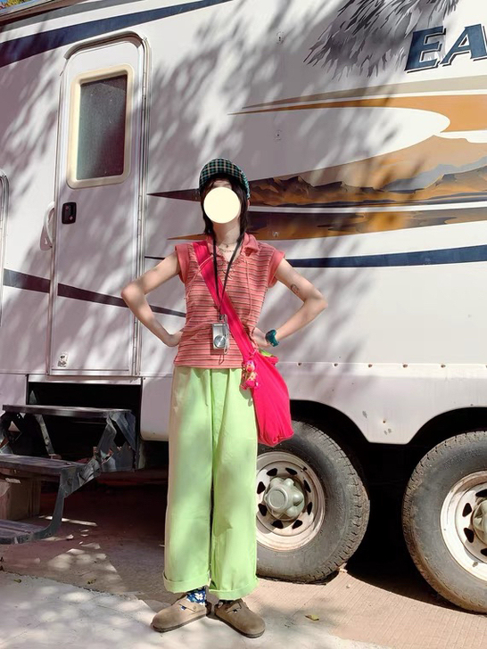 电波星 牛油果奶油绿工装抽绳腰宽松直筒裤百...