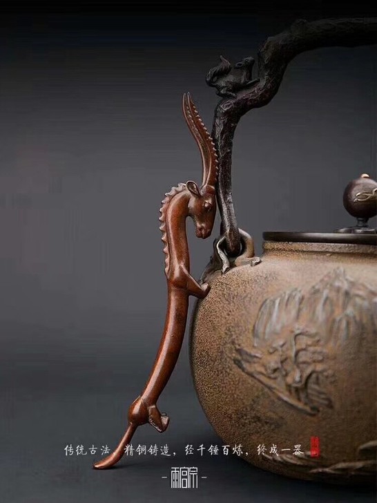 古法纯铜实心羚羊笔架茶壶盖叉壶叉毛笔架笔搁...