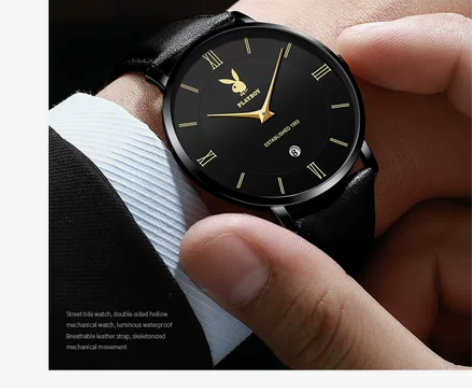 花花公子薄款石英表真皮带防水男士手表 品牌...