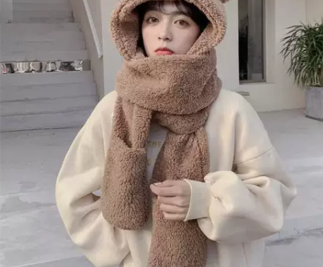 可爱小熊帽子围巾一体女新款2022网红冬天...