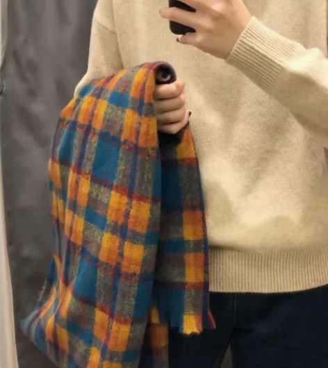 冬季 Ourhours英伦复古格子仿羊绒围...