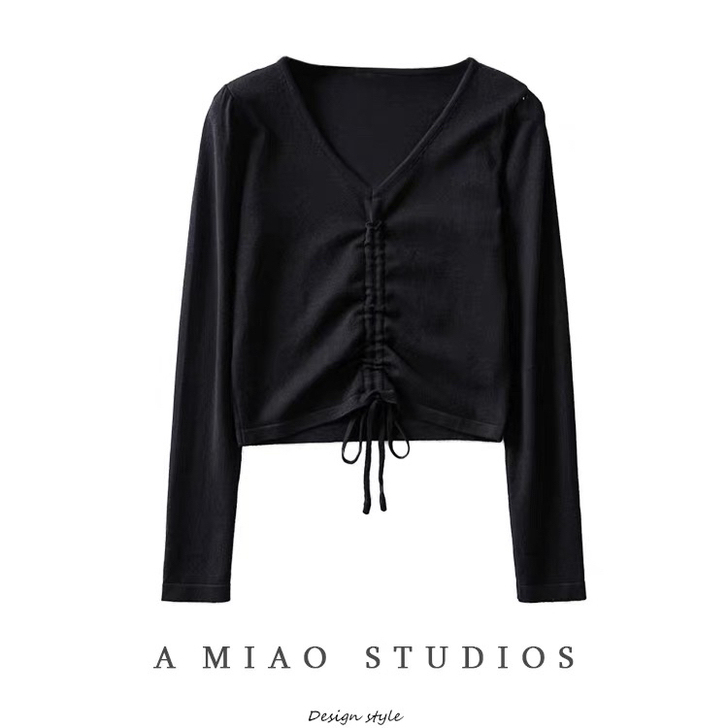 法式小众秋装新款v领针织衫长袖抽绳针织衫