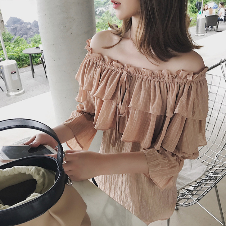 2017夏装新款 韩版雪纺衫女一字肩上衣露...