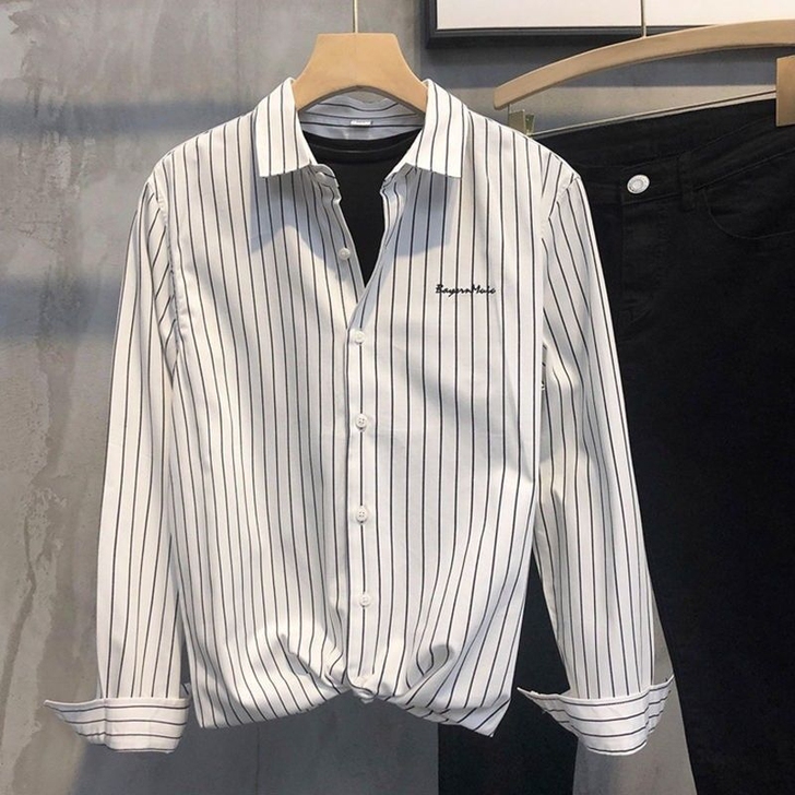 潮牌男士竖条纹休闲衬衫2021年新款免烫小...