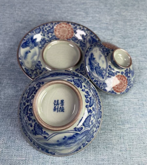 景德镇青花老陶泥三才盖碗泡茶碗茶碗茶具 釉...