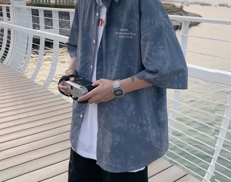 复古港风短袖衬衫男夏季蓝色薄款宽松衬衣外套...