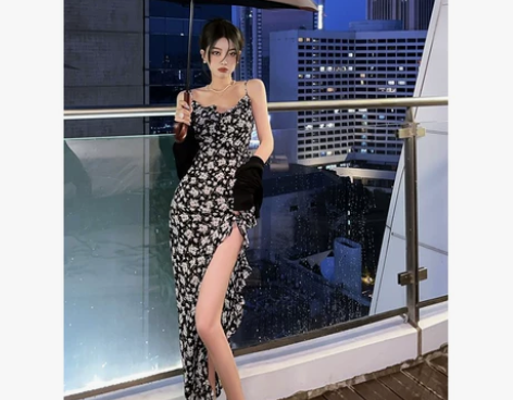?碎花开叉吊带连衣裙女夏季法式复古设计感长...