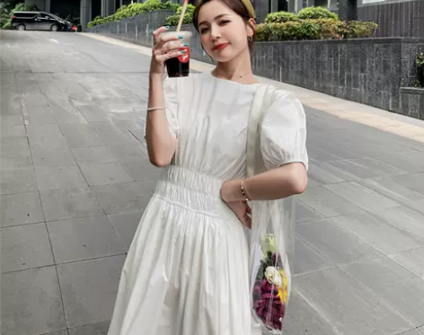 夏季法式复古气质褶皱收腰显瘦泡泡袖宫廷风a...