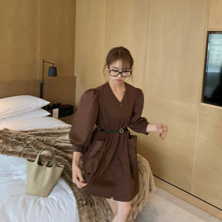 买三免一/法式复古衬衫式连衣裙女2020春...