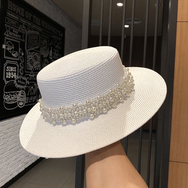 法式复古赫本风平顶礼帽春夏天出游草帽珍珠宽...