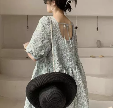 法式在逃公主连衣裙夏短款蓬蓬裙蓝色 S码（...