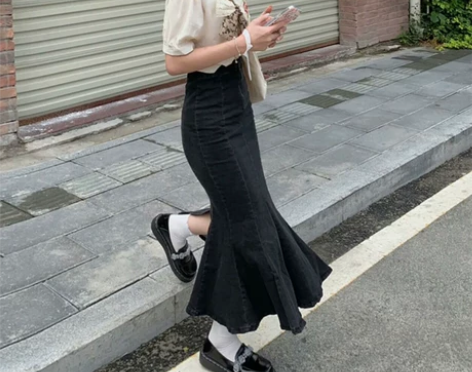 牛仔鱼尾裙半身裙开叉2022年春装新款高腰...