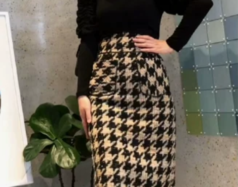 毛呢高腰格子半身裙秋冬女冬天配毛衣包臀铅笔...