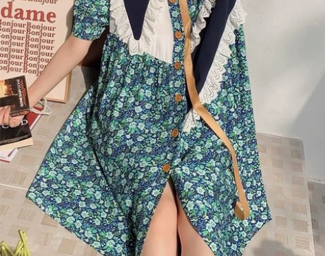 小众不对称领拼接连衣裙女夏新款短袖宽松撞色...