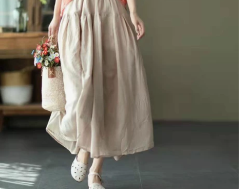 【新款】2022夏季新款文艺双层棉麻半身裙...