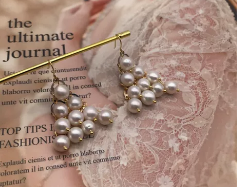 天然珍珠耳环重工流苏耳钩气质夸张小众纯银耳...