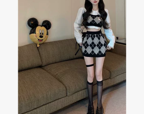 格子半身裙女高腰短裙包臀裙针织秋秋季气质