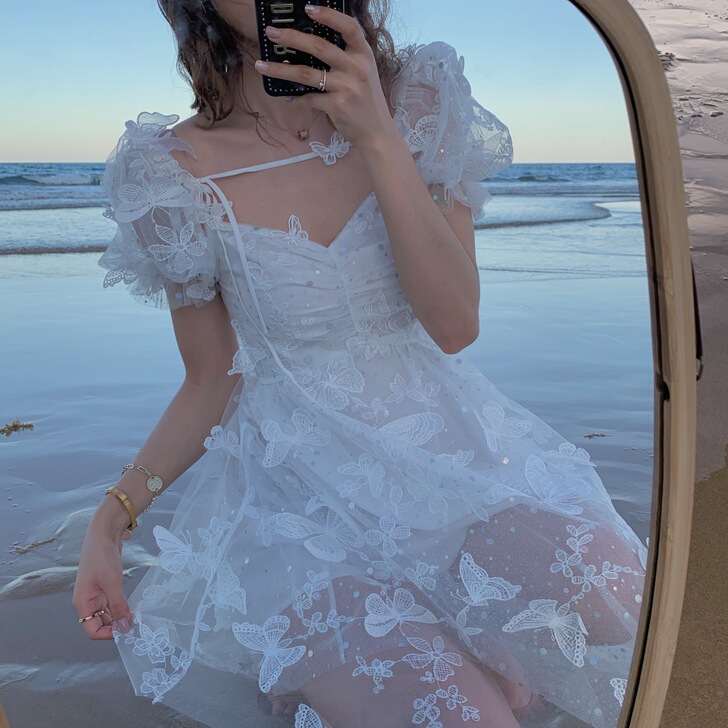 acaine小仙女公主裙系带蝴蝶裙网纱森系...