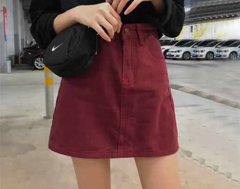 韩版高腰砖红色半身裙A字女生夏季裙子 酒红...