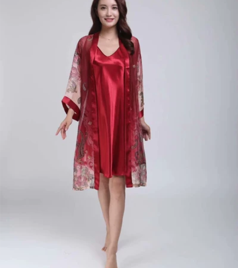 睡袍雪纺缎两件套家居服外套超薄半透明性感女...