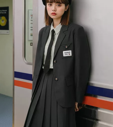 整套 午睡自制学院风黑色西装外套女春秋日系...