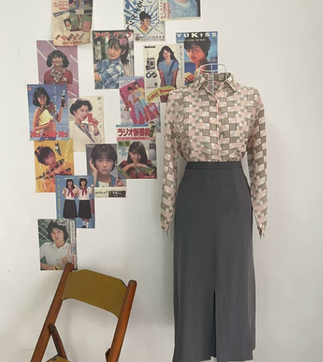 古着vintage复古花纹雪纺衬衫 灰色长...