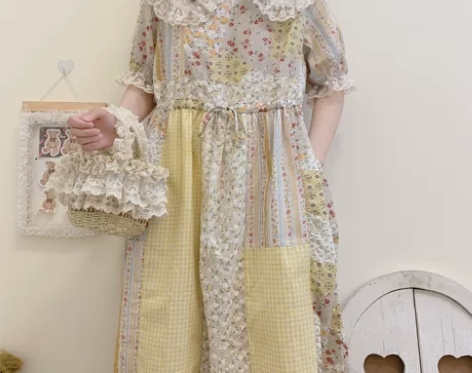 森系碎花拼接纯棉蕾丝娃娃领田园风夏日短袖连...