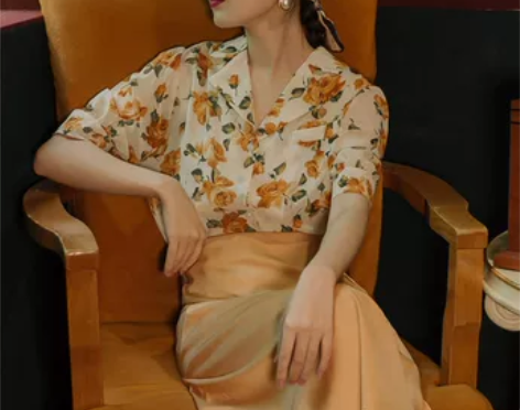港风套装女花衬衫复古高腰黄色半身裙早秋气质...