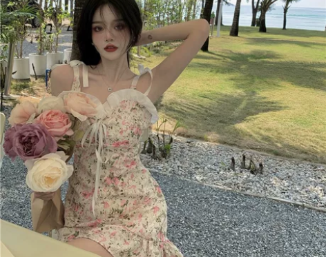 港风辣妹法式温柔绑带蝴蝶结木耳边鱼尾碎花吊...