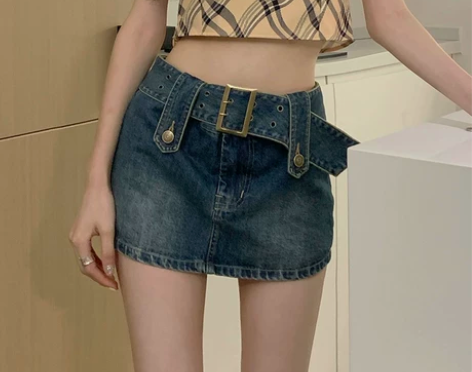 复古牛仔半身裙女港风辣妹裙裤高腰显瘦包臀短...