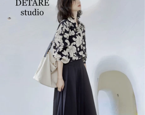 法式复古套装印花衬衫女设计感小众春夏宽松轻...