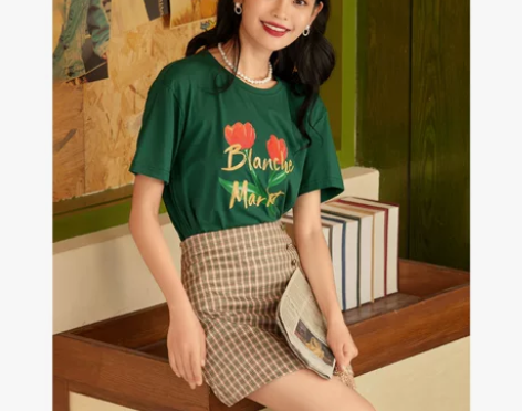 IEF/爱依服复古港味设计感套装裙2022夏季新款印花t恤显...