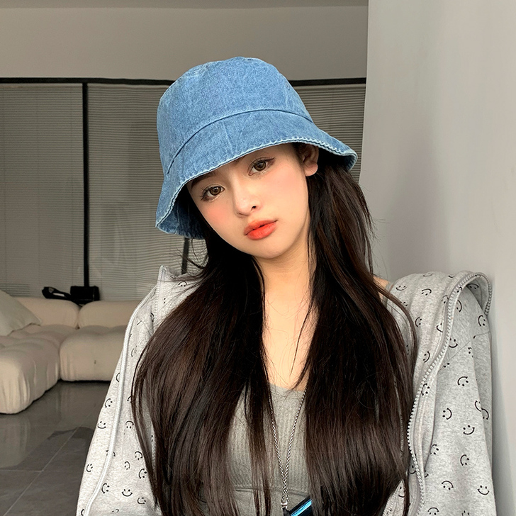 网红显脸小日系复古水洗牛仔渔夫帽女夏季防晒...