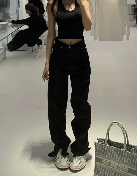 阔腿裤豆豆酱chic帅过前男友直筒牛仔裤女...