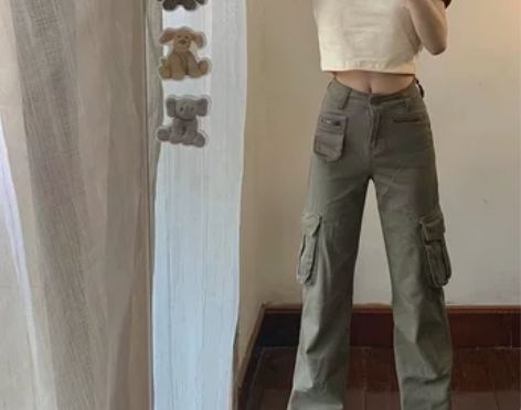 欧美式复古高街绿色工装裤子女夏季辣妹风加长...