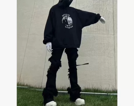 美式高街RO风格暗黑丧系糜烂大破坏毛须喇叭...