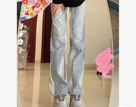 浅色高腰直筒拼接牛仔裤女夏季大码胖mm宽松...