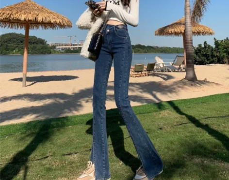 加绒超高腰开叉牛仔裤女秋冬2021年新款百...