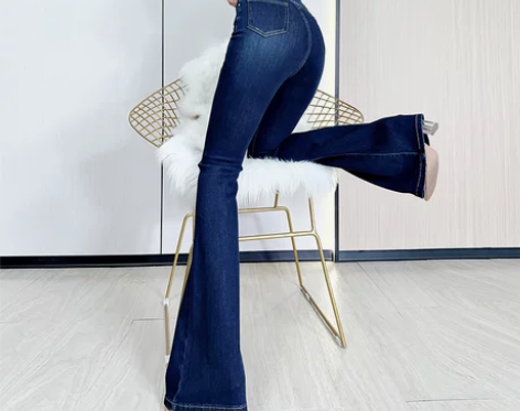 超模腿 复古深蓝色高腰微喇叭牛仔裤女春秋修...