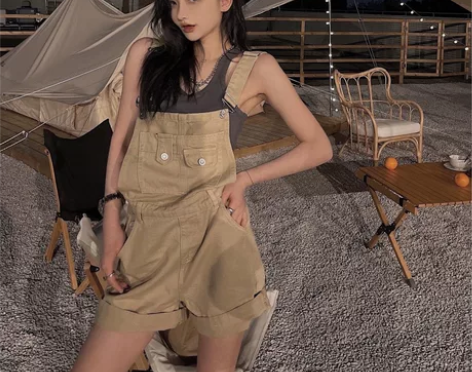 工装背带牛仔裤女ins潮高腰宽松阔腿直筒短...