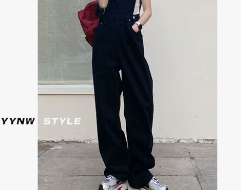 黑色拖地牛仔背带裤女2022春季新款高腰显...