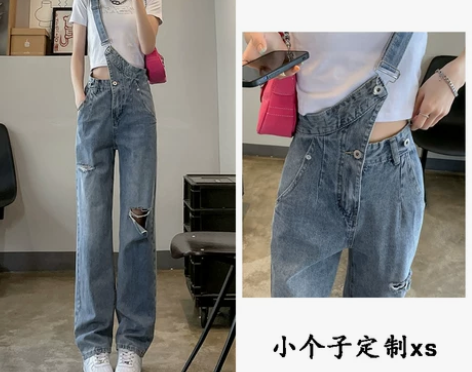 牛仔背带裤女夏季新款设计感可拆卸单肩直筒裤...