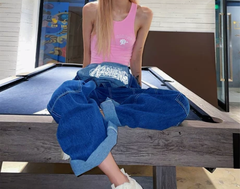 翻布背带牛仔裤女夏季薄款美式复古嘻哈设计感...