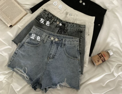 牛仔短裤女2022新款夏季薄款破洞阔腿裤子...