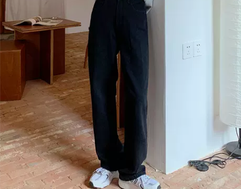 黑色牛仔裤女直筒宽松拖地裤复古高腰阔腿裤春...