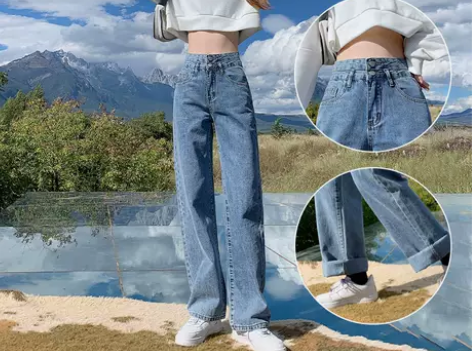 小个子阔腿牛仔裤女宽松直筒2021年新款夏...