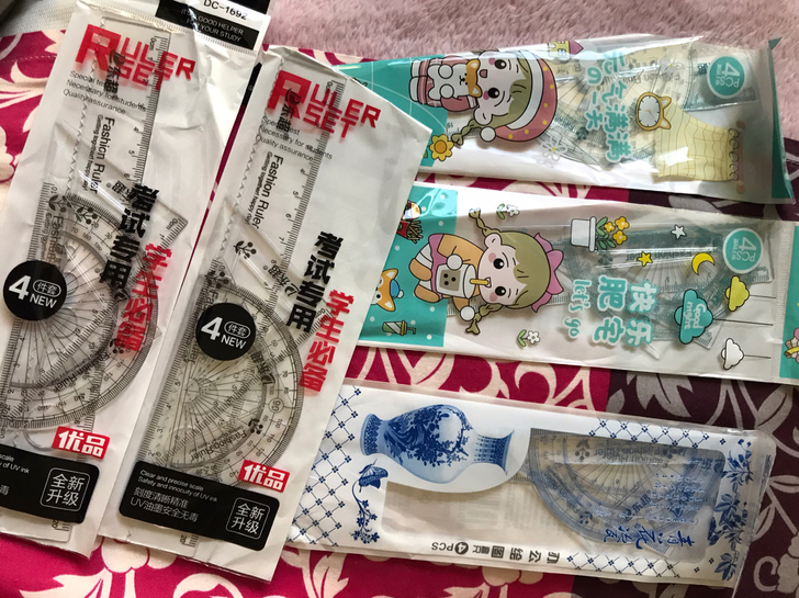 4件套20cm学生卡通尺子多规格透明塑料直...