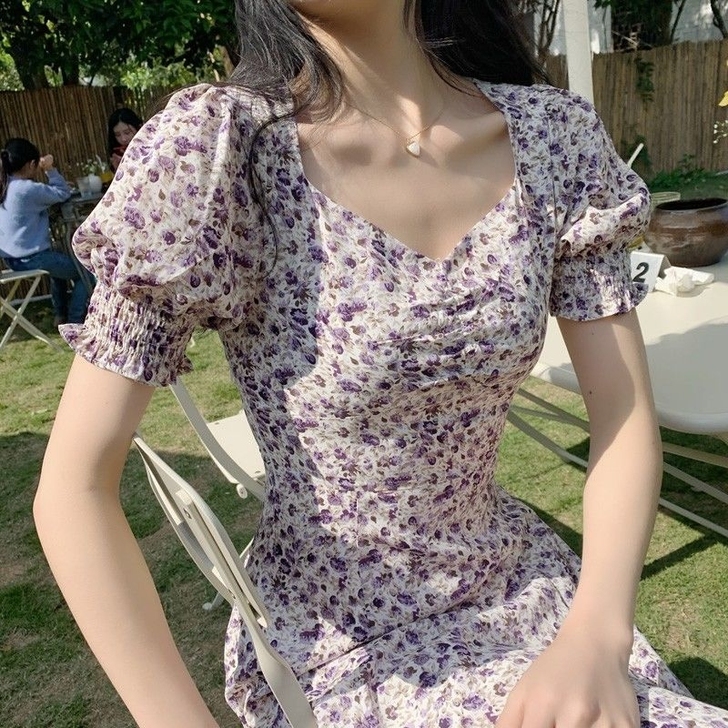 法式复古桔梗初恋碎花连衣裙子气质超仙森系中...