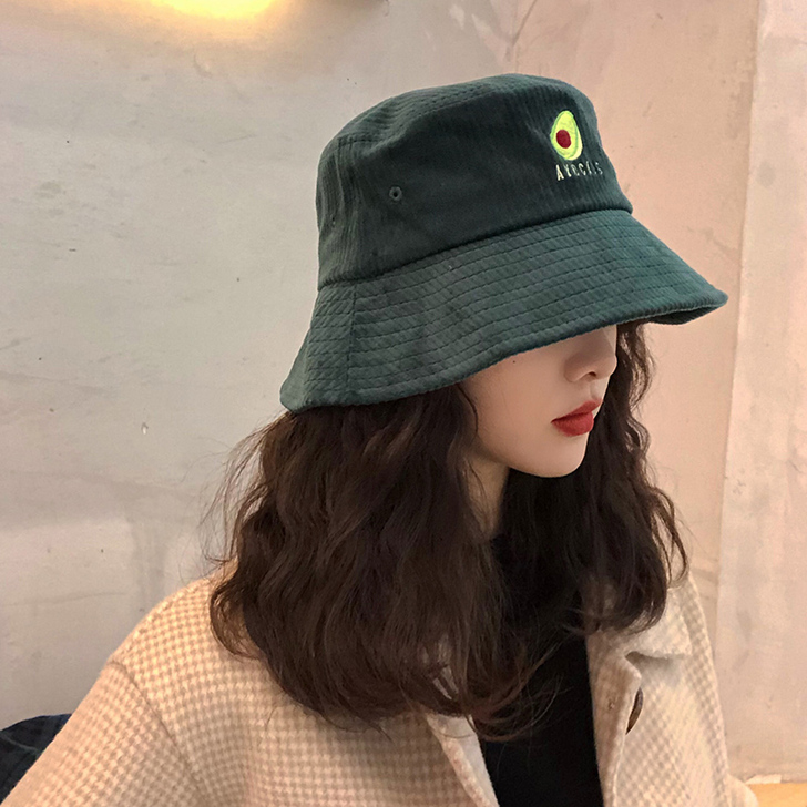 绿色牛油果渔夫帽女秋冬日系刺绣百搭灯芯绒大...
