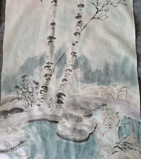 矾墨冰雪画,双层夹宣,纯手绘,四尺三开。 ...